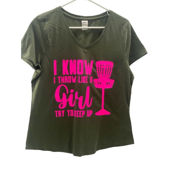 Disc Golf WOMENS V-Neck Shirt Throw Like A Girl Olive Size 12 - Picture 3 of 10